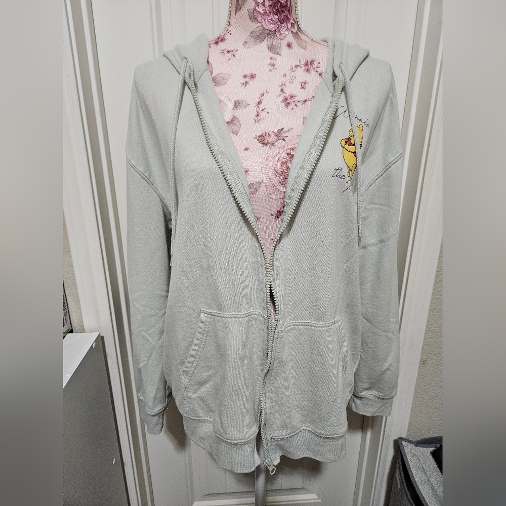 Light Gray/Tan Zip-Up Hoodie with Winnie the Pooh Graphic